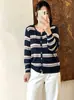 Cárdigan de punto a rayas con cuello en V para mujer talla grande, colección otoño 2026, estilo fino y suave, chaqueta adelgazante para mujeres talla grande
