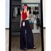 Jeans Retrô Estilo Americano Wide Leg Feminino Outono Novo Azul Escuro Cintura Alta Cobre o Quadril Solto Emagrecedor Calça Reta