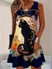 Vestido sin mangas con estampado de rosas y murciélagos de Halloween, estilo tinta oscura, minivestido tipo tank top de corte A holgado con cuello redondo