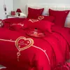 Juego de Ropa de Cama para Boda de Cuatro Piezas, Sábana y Funda de Edredón 100% Algodón Puro para Boda, Rojo Brillante, Para Recién Casados, 4 Dragones y Fénix Estilo Chino