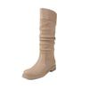 Botas Altas Estilo Coreano Estilo Perezoso 2025 Tacón Medio Grueso Punta Redonda Plisadas Piel de Albaricoque Ante Empalme Botas para Mujer