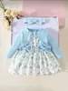 Vestido para Bebê Menina 0-12M, Vestido Floral de Manga Longa com Laço e Design Falso de Duas Peças + Faixa de Cabelo
