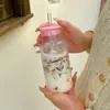 Taza de Aprendizaje Resistente al Calor Dibujos Animados Vidrio Transparente con Tapa Paja Ins Patrón de Impresión Transfronterizo