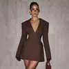 Estilo Europeu e Americano 2025 Feminino Inverno Novo Cor Pura Manga Longa Moda Sexy Decote Profundo Slim Conjunto Vestido de Manga Longa