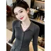 Cárdigan de punto de manga larga a la moda con cuello tipo polo estilo coreano para mujer, nueva colección otoño/invierno 2026, top entallador con botones