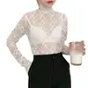 Nueva camiseta interior de cuello alto de punto para mujer de primavera y otoño, manga larga, cuello alto, malla interior, sexy, de encaje de hada, calada, camisa pequeña