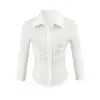 Camisa Blanca de Manga Tres Cuartos con Pliegues y Cuello Polo Estilo Coreano para Mujer, Nuevo Estilo de Verano, Ceñida a la Cintura, Adelgazante, Top Elegante