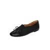 Zapatos Planos de Piel de Vaca de Primera Capa para Mujer de Corte Medio Zapatos Individuales Otoño Nuevo Estilo Piel Genuina Punta Redonda Zapatos Planos con Lazo Zapatos Individuales de Color Limpiado