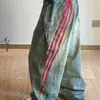 Talla grande Estilo Americano Retro Rayado Contraste Color Costuras Jeans Viejos Mujer Marca Trendy Rectos Sueltos Herramienta Pierna Ancha