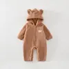 Macacão externo com capuz para bebês para outono e inverno, roupa de peça única com zíper para bebês, macacão longo à prova de vento para bebês para uso ao ar livre