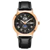 Reloj de Cuarzo para Hombre con Fase Lunar, Esfera de la Tierra Números Romanos Calendario 3 Ojos Correa de Cuero Negro Reloj de Pulsera de Negocios