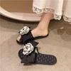 Pantuflas Planas con Lazo y Flor Estilo Tweed para Temporada de Primavera y Otoño, Pantuflas Suaves de Suela Blanda para Casa, Sandalias Antideslizantes para Usar Afuera