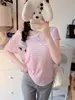 5320 # Camiseta listrada de manga curta para garotas, para o verão, corte solto, modeladora, decote nas costas, top estiloso para usar por cima