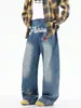 Calça Jeans Estampada Estilo Americano Acu para Homens, Primavera e Outono, Calça Larga Loose Lavada com Estampa Retro Americana
