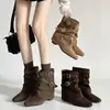 Botines de Tobillo de Tacón Bajo Puntiagudos Estilo Coreano para Mujer Otoño/Invierno 2026 Hebilla de Cuero Decoración de Remaches Botas Versátiles Botas Marrones de Moda
