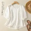Camisa Bordada de Algodón y Lino Artística y Elegante para Mujer Verano 2026, Top de Manga Corta de Nuevo Estilo Chino de Moda para Té para Mujeres