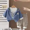 Conjunto coreano para niños de otoño e invierno, grueso con forro polar, ropa de invierno para bebé, conjunto de tres piezas con capucha de cachorro, ropa para bebés y niños