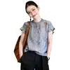 Nova Camisa de Estilo Chinês com Estampa de Tinta, Gola Redonda, Manga Curta para Mulheres, Verão, Nova Moda, Versátil, Solta, Respirável, Top de Linho