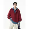 Camisa de Empalme Falsa de Dos Piezas Tendencia Color Borgoña Sudadera con Capucha y Cuello en V para Hombre Otoño Pulóver Casual Pesado