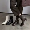 Botines elásticos de piel de oveja de dos capas para mujer, corte ajustado, estilo coreano, otoño e invierno, punta redonda, cremallera lateral, tacón medio grueso, botines cortos elásticos para mujer, talla 42