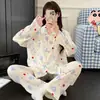 Nuevo cárdigan de otoño con cuello invertido, pijama de algodón nube para mujer, de manga larga y pantalón largo, conjunto de ropa de casa casual linda de dibujos animados