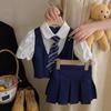 Estilo Colégio Feminino Coreia do Sul Conjunto de Verão Infantil Falso Duas Peças Top de Manga Curta Estiloso Saia Plissada JK Conjunto de Duas Peças Saia