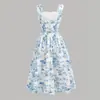 Vestido de alça floral azul e branco para meninas, best-seller transfronteiriço, gola quadrada francesa, cintura elástica, saia em A, estilo princesa, vestuário infantil de comércio exterior
