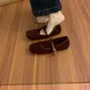 Zapatos Mary Jane Rojos de Lana Cuadrados con Correa y Hebilla para Mujer, Planos Cómodos Suaves con Forro de Felpa, Suela Cálida, Zapatos de Ballet de Algodón