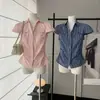 Camisa Elegante de Manga Corta con Bolsillo y Cintura Ajustada Estilo Coreano para Adelgazar