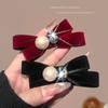 Pinza para el cabello con lazo de terciopelo de perlas de pedrería para mujer, vintage, elegante, clip de pico de pato, pinza para el cabello para flequillo lateral delantero, tocado