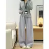 Pantalones Casuales de Lana de Cordero Azul Marino de Pierna Ancha para Mujer, Nuevo Estilo Otoño e Invierno, Forrados de Felpa, Engrosados, Holgados de Pierna Recta con Cordón