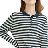 Camisa de base listrada feminina gola POLO primavera e outono nova camiseta de algodão penteado manga comprida camisa de malha lapela top solto moderno