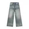 Pantalones Largos de Mezclilla nirben Estilo Retro Americano Lavados Desgastados con Bigotes Desestructurados para Hombre Versátiles Rectos Sueltos