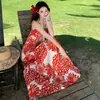 Vestido de Playa Estilo Francés, Estilo Vacaciones en la Costa, Vestido Naranja con Estampado de Tirantes Finos para Mujer, Talla Única, Corte Ajustado