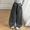 Calça de Moletom Feminina Primavera e Outono 2026 Nova Casual Menina Estilo Coreano Crianças Médias e Grandes Cintura Xadrez Lua Crescente Perna Larga Calças Transfronteiriça