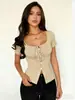 2026 Novo Verão Aliexpress Shorts Femininos e Tops Sexy Tendência Gola Quadrada Amarrar Botão Slim Fit