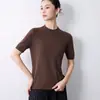 Suéter de malha feminino de peça única sem costura, gola redonda, manga curta, para outono e inverno, fino, meia-manga, camisa base de tricô, suéter tipo T-shirt, novo estilo