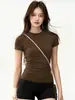 Conjunto de shorts de ciclismo de tres cuartos de cintura alta para mujer, de manga corta, cuello redondo, corte ajustado, deportivo de fitness adelgazante elástico, conjunto de dos piezas