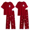 Pijama de Algodón Lycra para Mujer, Rojo Festivo Dibujo Animado de Pareja Manga Corta Pantalón Largo, Conjunto Casual Holgado para Estar en Casa que se Puede Usar Afuera
