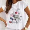 Novo Produto 2024 Padrão Estampado da Torre Eiffel de Paris Camiseta Casual Feminina com Gola Redonda Personalizada Bonita e Simples