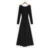 Vestido elegante de manga larga con cuello cuadrado estilo Hepburn con costuras nuevas a principios de otoño de 2023 para mujer, falda larga con vuelo grande y cintura adelgazante