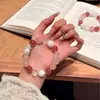 Bracelete de Cristal Rosa Natural Original 'Spring Peach Mist' com Cristal de Morango, Quartzo Fantasma Floco de Neve e Contas de Açúcar de Cristal Rosa