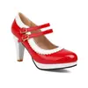 Nuevo color a juego con correa de encaje quemado boca poco profunda zapatos de una sola capa suela gruesa charol zapatos de mujer tacones altos gruesos 32-48 zapatos de comercio exterior