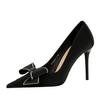 3265-H37 Banquete Moda Estilo Coreano Tacones Altos Tacón de Aguja Zapatos de Mujer Boca Baja Punta Afilada Zapatos con Lazo de Pedrería Tacón Alto