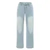 Jeans Casual Lavado Retrô Estilo Europeu e Americano, Verão, Corte Solto, Sem Cós, Cintura Baixa, Versátil, Calça Reta Emagrecedora