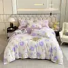 Suave juego de ropa de cama de lujo con estampado floral rosa, tela cepillada de doble cara engrosada, fresco y dulce, adecuado para todas las estaciones en el dormitorio