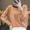 Camisa Rayada Fina de Lana Nueva Otoño e Invierno Transfronteriza 24 Cuello de Contraste de Color Escandinavo Rayas Holgadas Cuello Redondo Mujer Francesa