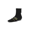 Botas Delgadas Elásticas con Hebilla de Cinturón Estilo Francés, Fáciles de Poner y Combinar, Botines Cortos Elásticos de Terciopelo con Peluche, Punta Cuadrada Pequeña, Botines Individuales Marrones de Tacón Bajo