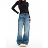Jeans com Padrão de Bambu Lavado Retrô para Homens e Mulheres, Corte Limpo, Solto, Reto, Casual, Calças Bonitas