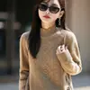 Suéter de malha simples para mulheres, novo estilo outono e inverno, espesso de 7 pontos, ombro normal, trança, 100% lã, gola semi-alta, cor sólida